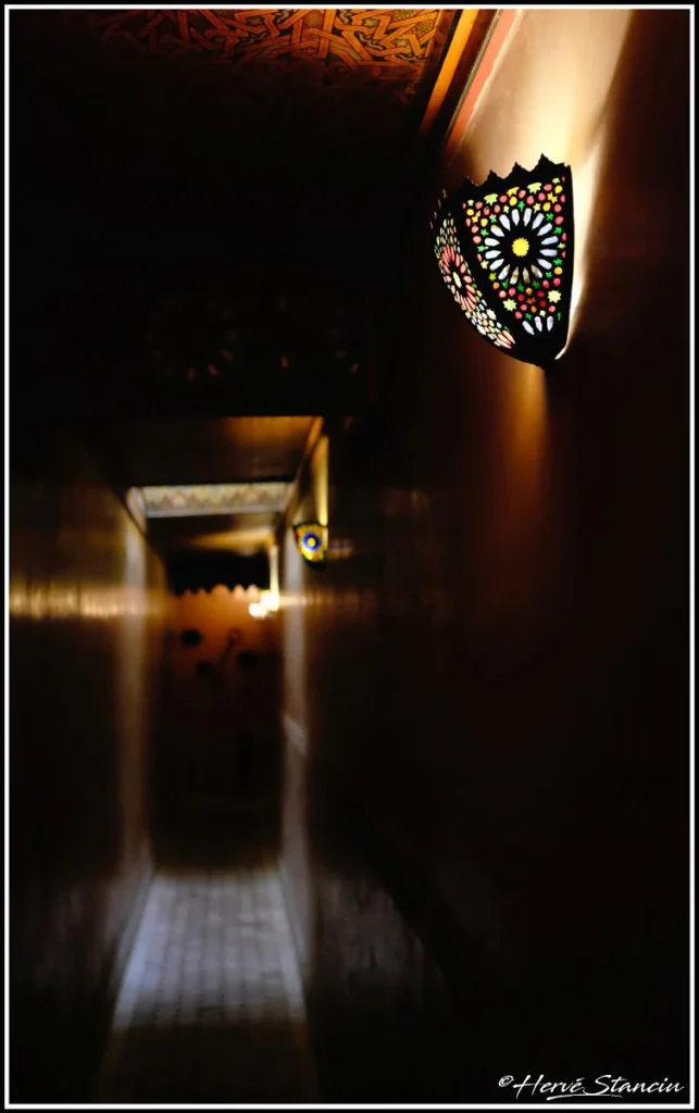 Light fixture in main corridor Riad Layalina in Fes