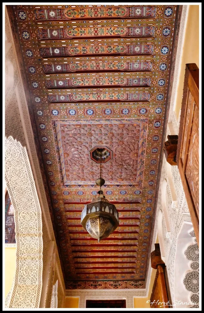 Lighting and art ceiling at Riad Layalina in Fez