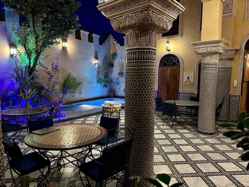 Patio at Riad Layalina Fez by night Morocco